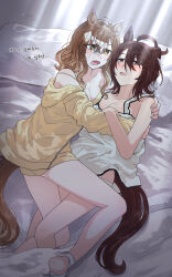 2girls absurdres agnes_tachyon_(umamusume) ahoge animal_ears bare_legs bare_shoulders breasts brown_hair brown_tail cleavage collarbone couple friedpikachu highres horse_ears horse_girl horse_tail hug jacket jungle_pocket_(umamusume) korean_text long_hair medium_hair multiple_girls notched_ear off_shoulder on_bed pajamas pillow red_eyes shorts straddling sweat tail translation_request turn_pale umamusume wavy_hair wolf_cut worried yellow_eyes yellow_jacket yellow_shorts yuri
