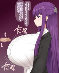 1boy 1girl 892_(atpz3848) 892yk333s black_coat black_jacket breasts coat expressionless fern_(sousou_no_frieren) gradient_background hair_ornament hime_cut huge_breasts humiliation imminent_paizuri jacket japanese_text jewelry jiggle long_hair paizuri_invitation penis prostitution purple_background purple_eyes purple_hair shirt small_penis small_penis_humiliation sousou_no_frieren translated white_shirt