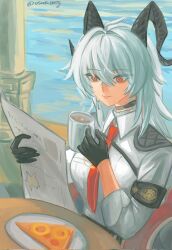 Rule 34 | .osari, 1girl, armband, black armband, black choker, black horns, breasts, choker, closed mouth, coffee mug, collared shirt, commentary, cup, curled horns, english commentary, food, hair intakes, highres, holding, holding cup, holding newspaper, horns, long hair, looking down, medium breasts, mug, necktie, newspaper, pineapple on pizza, pizza, reading, red eyes, red necktie, shirt, smile, solo, white shirt, wuthering waves, zani (wuthering waves)