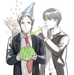 2boys adachi_tooru cabbage confetti hat magatsumagic male_focus multiple_boys narukami_yu party_favor party_hat persona persona_4