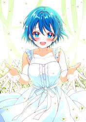 1girl :d absurdres bare_arms blue_eyes blue_hair blush braid breasts collarbone commentary_request cowboy_shot dress highres kanaria_chick looking_at_viewer open_mouth ribbon short_hair sleeveless sleeveless_dress smile solo striped_background striped_clothes striped_dress sundress toneri_nikako vertical-striped_clothes vertical-striped_dress white_dress world_dai_star