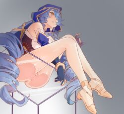1girl absurdres against_glass anus arm_between_legs ass_on_glass ass_press bare_shoulders bellfonts blue_hair blue_hood bottomless bright_pupils claw_ring cleft_of_venus detached_sleeves drill_hair drill_sidelocks from_below genshin_impact glass_table gloves hair_over_one_eye highres hood hood_up jewelry layla_(genshin_impact) leaning_forward light_blush long_hair neck_ring on_table parted_lips pussy pussy_on_glass quad_drills shoes sidelocks sitting solo table twin_drills very_long_hair white_pupils yellow_eyes
