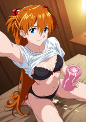 1girl :/ after_handjob artificial_vagina bare_legs bare_shoulders barefoot black_bra black_panties blue_eyes bra breasts breasts_out brown_hair cleavage clothes_lift cum cum_on_body cum_on_breasts cum_on_upper_body curvy highres indoors jaaaan long_hair looking_at_viewer midriff neon_genesis_evangelion on_bed panties see-through_clothes see-through_shirt selfie sex_toy shiny_skin shirt shirt_lift sitting small_breasts smile solo souryuu_asuka_langley sweat thighs two_side_up underwear wide_hips