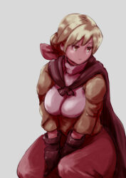 Rule 34 | 1girl, alma beoulve, between legs, blonde hair, bow, breasts, brown eyes, cape, closed mouth, dress, final fantasy, final fantasy tactics, gloves, hair bow, hand between legs, hanemikakko, long hair, simple background, skirt, solo, white background