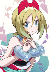 1girl blonde_hair blue_eyes bracelet closed_mouth commentary_request eyelashes hair_between_eyes hairband hands_up highres irida_(pokemon) jewelry looking_at_viewer medium_hair neck_ring nintendo own_hands_together pokemon pokemon_legends:_arceus sasami_642 sash shirt solo strapless strapless_shirt upper_body