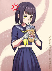 Rule 34 | 1girl, alternate costume, anger vein, angry, artist name, bandaged arm, bandages, bandaid, bandaid on face, bandaid on nose, black hair, blue serafuku, blush, brown background, bubble tea, commentary, cup, delinquent, doro (nikke), drinking straw, english commentary, english text, facebook username, flat chest, goddess of victory: nikke, highres, holding, holding cup, long skirt, looking at viewer, medium hair, midriff, milk (nikke), neckerchief, piledriver (piledoraiba), pixiv username, school uniform, serafuku, short bangs, short sleeves, skirt, solo, twitter username, two-tone background, v-shaped eyebrows, wallet chain, white trim, yellow eyes, yellow neckerchief