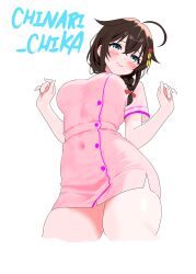 1girl absurdres ahoge artist_name black_hair blue_eyes braid breasts chinari_(chinari_chika) cowboy_shot cropped_legs dress from_below hair_flaps hair_over_shoulder highres kantai_collection long_hair looking_at_viewer medium_breasts nurse one-hour_drawing_challenge pink_dress shigure_(kancolle) shigure_kai_ni_(kancolle) simple_background single_braid solo w_arms white_background