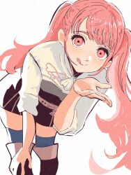 1girl :q ascot belt bent_over blowing_kiss breasts chimney_(chimney0311) fire_emblem fire_emblem:_three_houses garreg_mach_monastery_uniform highres hilda_valentine_goneril long_hair looking_at_viewer medium_breasts nintendo pink_eyes pink_hair simple_background solo thighhighs thighs tongue tongue_out twintails white_ascot white_background