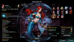 Rule 34 | armor, bikini armor, breasts, character select, collar, game cg, highres, holding, holding polearm, holding weapon, looking at viewer, medium breasts, mermaid, monster girl, multiple girls, polearm, red eyes, red hair, screencap, trident, weapon