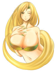 1990s_(style) 1girl barbariccia bare_shoulders bikini bikini_top_only blonde_hair breasts cactus_prince circlet cleavage female_focus final_fantasy final_fantasy_iv green_eyes hand_on_own_chest highres huge_breasts long_hair nail_polish navel one_eye_closed retro_artstyle smile solo square_enix swimsuit upper_body very_long_hair white_background wink