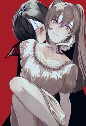 Rule 34 | 2girls, bad id, bad twitter id, black hair, breasts, collarbone, fangs, frilled nightgown, grey hair, hair between eyes, hair over one eye, hand on another&#039;s neck, hand on another&#039;s shoulder, highres, idolmaster, idolmaster shiny colors, imminent bite, kurokawa (kurokashi655), long hair, looking at viewer, medium breasts, multiple girls, nightgown, open mouth, purple eyes, red background, shirase sakuya, short sleeves, simple background, twintails, vampire, white nightgown, yellow eyes, yukoku kiriko
