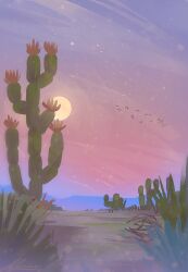 artist_name blurry_edges bush cactus desert landscape mountainous_horizon no_humans original outdoors scenery signature simple_bird sky star_(sky) starry_sky sun sunrise tumbleweed zandra