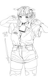 1girl animal_ear_hairband animal_ears animal_print bell blush breasts closed_mouth collared_shirt cow_ear_hairband cow_ears cow_girl cow_horns cow_print cow_print_thighhighs cowbell cowboy_shot denim denim_shorts dot_mouth double_v dress_shirt earrings fake_animal_ears fake_horns full_body futao_miruku_(riki) hair_ribbon hairband hands_up highres hoop_earrings horn_hairband horns jewelry long_hair looking_at_viewer medium_breasts mole mole_under_eye neck_bell original print_thighhighs ribbon riki_(riki_unc) shirt shirt_tucked_in short_shorts short_sleeves shorts sidelocks simple_background solo standing thighhighs twintails v white_background wing_collar wristband