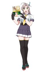 1girl absurdres antenna_hair black_gloves black_thighhighs book full_body gloves green_eyes grey_hair hair_tie highres holding kantai_collection kinugasa_(kancolle) kinugasa_kai_ni_(kancolle) looking_at_viewer medium_hair meta neckerchief ojipon okobo one_side_up platform_sandals purple_sailor_collar purple_skirt sailor_collar sandals school_uniform serafuku simple_background skirt smile solo thighhighs white_background yellow_neckerchief