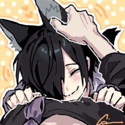 Rule 34 | 2boys, animal ears, black hair, breast press, chino (sky tanosi), closed eyes, commentary request, dog boy, dog ears, dog tail, face to pecs, from above, hair over one eye, headpat, male focus, multiple boys, original, polka dot, polka dot background, pov, short hair, smile, tail, yaoi, yellow background