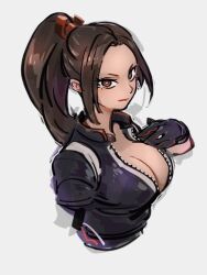 Rule 34 | 1girl, black gloves, breasts, brown eyes, brown hair, cleavage, fatal fury, gloves, grey background, kemachiku, long hair, looking at viewer, medium breasts, ponytail, shiranui mai, simple background, solo, street fighter, street fighter 6, upper body, zipper