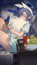 1girl absurdres apple aqua_pajamas black_halo blue_archive blue_eyes blue_hair blue_pajamas blue_shirt blush breasts food fruit grapes hairband halo highres long_hair looking_at_viewer mechanical_halo official_alternate_costume omurice_(304975636) open_mouth pajamas pillow print_pajamas purple_eyes purple_hair shirt short_sleeves shorts solo white_hairband yuuka_(blue_archive) yuuka_(pajamas)_(blue_archive)