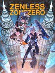1boy 1girl absurdres animal_ears black_hair blue_eyes building cat_ears cat_tail city commentary dagger english_commentary fingerless_gloves gloves green_eyes highres jane_doe_(zenless_zone_zero) knife long_hair malaysia mouse_ears mouse_tail necktie official_art pantyhose police police_uniform salmon88 seth_lowell shield shorts skyscraper small_sweatdrop smile tail torn_clothes torn_pantyhose weapon white_hair zenless_zone_zero