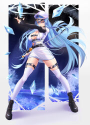 1girl absurdres akame_ga_kill! blue_eyes blue_hair breasts chain closed_mouth esdeath full_body hair_between_eyes hat heart heart_o-ring highres holding holding_sword holding_weapon ice ice_shard jacket long_hair long_sleeves looking_at_viewer masamura_(masamura_eliza) o-ring o-ring_thigh_strap peaked_cap rapier skirt solo standing sword thigh_strap thighhighs very_long_hair weapon white_jacket white_skirt white_thighhighs