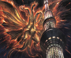 Rule 34 | absurdres, alien, conjoined, dragon, elemental (creature), embers, energy, energy being, extra tails, fire, fire elemental, flying, g.n.a, ghidorah, the three-headed monster, giant, giant monster, godzilla (series), highres, horns, hydra, kaiju, king ghidorah, mane, monster, multiple heads, multiple tails, night, no humans, open mouth, plasma, real world location, red eyes, roaring, sharp teeth, space monster, tail, teeth, toho, tokyo skytree, transformation, wings