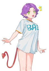 1girl :d \||/ a-pose absurdres antenna_hair breasts clothes_writing commentary curled_tail curtained_hair demon_girl demon_tail dot_nose english_commentary english_text eyebrows_hidden_by_hair feet_out_of_frame flipped_hair from_side gold_trim green_eyes head_tilt highres large_breasts leaning_forward legs_together light_blush long_eyelashes long_legs long_shirt looking_at_viewer looking_to_the_side matheus_felipe no_pants open_hands open_mouth original parted_bangs parted_hair print_shirt purple_hair red_tail shirt short_hair short_sleeves sidelocks simple_background smile solo spiked_hair standing star_(symbol) striped_blush t-shirt tail tented_shirt thick_eyelashes thighs turning_head v-shaped_eyebrows white_background white_shirt wide-eyed