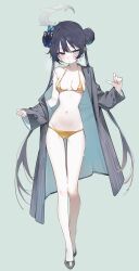 1girl alternate_costume bikini black_coat black_hair black_shoes blue_archive blue_background blue_eyes blush breasts butterfly_hair_ornament closed_mouth coat double_bun full_body gold_bikini hair_bun hair_ornament halo harenchi highres kisaki_(blue_archive) long_hair long_sleeves navel open_clothes open_coat shoes simple_background skinny small_breasts solo standing sweat swimsuit twintails very_long_hair wide_sleeves