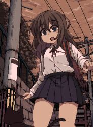 1girl black_cat black_skirt brown_hair cat city grey_eyes ikeda_(kasutera) lowres original pixel_art red_bag school_uniform shirt skirt sky sunset thighs white_shirt