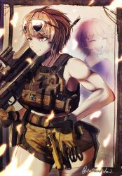 1girl artist_name belt brown_eyes brown_hair bulletproof_vest camouflage camouflage_gloves camouflage_shorts closed_mouth delta_(nikke) different_reflection dual_persona eyewear_on_head goddess_of_victory:_nikke gun handgun highres holding holding_gun holding_weapon magazine_(weapon) military muscular muscular_female over_shoulder reflection rifle sata_(satawahaha) shadow short_hair shorts signature sniper_rifle solo sunglasses trigger_discipline weapon weapon_over_shoulder