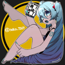 1girl ahoge aqua_hair aqua_nails arm_tattoo barefoot blue_eyes blue_tongue colored_tongue commentary_request diamond-shaped_pupils diamond_(shape) fingernails gradient_hair hair_between_eyes hatsune_miku highres holding holding_phone long_hair looking_at_viewer medibang_paint_(medium) multicolored_hair neko_7567 number_tattoo open_mouth phone solo symbol-shaped_pupils tattoo toenails translation_request twintails twitter_username very_long_hair vocaloid