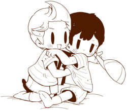 awkward backpack bad_tag bag black_hair blonde_hair blush child embarrassed hat legs lucas_(mother_3) mother_(series) mother_2 mother_3 naughty_face ness_(mother_2) nintendo opipio_m seductive_smile shirt shoes shorts shota sitting smile socks striped_clothes striped_shirt super_smash_bros. tears touching_another&#039;s_belly