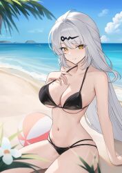 1girl absurdres ahoge armpit_crease ball bare_shoulders beach beachball bikini black_bikini blue_sky breasts cleavage closed_mouth collarbone commentary day grey_hair hair_ornament highres large_breasts long_hair looking_at_viewer mole mole_on_breast multi-strapped_bikini_bottom myumyu431 ocean outdoors shore sitting sky smile solo stomach swimsuit thighs very_long_hair yellow_eyes yixuan_(zenless_zone_zero) zenless_zone_zero