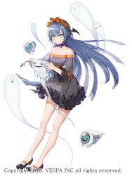 1girl android bare_legs bare_shoulders black_choker black_dress black_hat black_shoes blue_eyes choker dress drone flat_chest floating_hair frilled_dress frills full_body ghost hair_between_eyes halloween halloween_costume hat heterochromia high_heels holding_ghost hwansang_jungdog kara_(king&#039;s_raid) king&#039;s_raid light_frown long_hair mob_cap off-shoulder_dress off_shoulder official_art orange_hat orange_trim purple_ribbon ribbon ribbon_choker shoes simple_background solo standing strapless strapless_dress striped_choker sweatdrop very_long_hair white_background yellow_eyes
