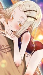 1girl absurdres ai_ai_gasa bare_shoulders beach blonde_hair blue_one-piece_swimsuit blurry blurry_background blush character_name closed_mouth collarbone colored_eyelashes dutch_angle earrings flat_chest gakuen_idolmaster gradient_sky hair_ornament hairclip highres idolmaster jewelry lens_flare long_hair looking_at_viewer lying ocean on_stomach one-piece_swimsuit orange_eyes outdoors shinosawa_hiro shubashuba sky smile solo sunset swimsuit translation_request