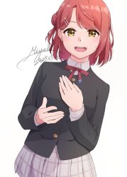 Rule 34 | 1girl, :d, black jacket, breasts, bun with braided base, buttons, collared shirt, commentary, cowboy shot, dated, dress shirt, hair bun, hair ornament, hairpin, haruna miyabi, highres, jacket, long sleeves, love live!, love live! nijigasaki high school idol club, medium breasts, miniskirt, neck ribbon, nijigasaki school uniform, offering hand, open mouth, pink hair, plaid clothes, plaid skirt, pleated skirt, red ribbon, ribbon, school uniform, shirt, signature, simple background, single side bun, skirt, smile, solo, teeth, uehara ayumu, upper teeth only, white background, white shirt, white skirt, winter uniform, yellow eyes
