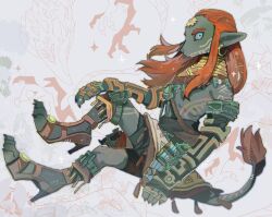 1boy ancient_hero&#039;s_aspect_(zelda) blue_eyes claws dragon earrings hair_slicked_back high_heels highres hoop_earrings jewelry light_dragon_(zelda) link monochrome_background multiple_rings nintendo official_alternate_costume paozi_haox pointy_ears red_hair ring tail the_legend_of_zelda the_legend_of_zelda:_tears_of_the_kingdom third_eye zonai