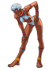 1girl anklet armlet barefoot bikini bracelet breasts calflet cleavage dark-skinned_female dark_skin earrings elena_(street_fighter) game_cg hand_on_own_hip hand_on_own_knee highres jewelry leaning_forward nail_polish neck_ring nishimura_kinu non-web_source official_art short_hair simple_background solo street_fighter street_fighter_iii_(series) swimsuit toned toned_female white_background white_hair