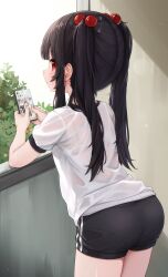 1girl absurdres ass black_hair black_shorts breasts cellphone closed_mouth commentary comodox english_commentary from_behind gym_shirt gym_shorts gym_uniform hair_bobbles hair_ornament highres holding holding_phone long_hair lulla_(comodox) original paid_reward_available pantylines phone puffy_short_sleeves puffy_sleeves red_eyes see-through_clothes see-through_shirt see-through_silhouette shirt short_shorts short_sleeves shorts small_breasts smartphone solo sweaty_clothes twintails white_shirt