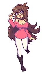 1girl :d absurdres blush_stickers boots bra_strap breasts brown_hair choker cleavage collarbone commission daigada highres hikimayu large_breasts long_hair long_sleeves off-shoulder_shirt off_shoulder open_mouth original pants pink_eyes pink_shirt shiny_clothes shiny_skin shirt short_eyebrows sidelocks simple_background smile solo teeth upper_teeth_only v white_background white_pants