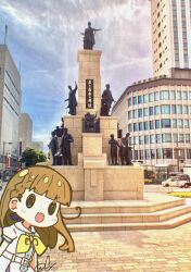 Rule 34 | 1girl, :d, absurdres, braid, brown hair, center-flap bangs, cloud, commentary request, day, deformed, dress, hasu no sora school uniform, highres, kachimachi kosuzu, kagoshima prefecture, link! like! love live!, location request, long hair, love live!, neckerchief, oofushi ao, open mouth, outdoors, photo background, puffy short sleeves, puffy sleeves, sailor collar, sailor dress, school uniform, short sleeves, side ahoge, side braids, signature, smile, solid oval eyes, solo, statue, summer uniform, v-shaped eyebrows, virtual youtuber, white dress, white sailor collar, yellow neckerchief