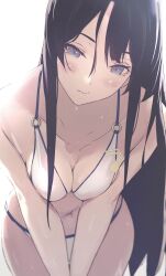 1girl absurdres aotsuki_kaoru bikini black_hair blue_eyes blush breasts breasts_squeezed_together cleavage closed_mouth collarbone commentary_request cowboy_shot highres leaning_forward long_hair looking_at_viewer medium_breasts navel o-ring o-ring_top sakurajima_mai seishun_buta_yarou simple_background solo string_bikini swimsuit white_background white_bikini