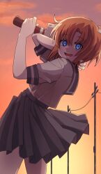 1girl blood blood_on_neck blue_eyes cowboy_shot crazy crazy_eyes crazy_smile evening from_side grey_sailor_collar grey_skirt higurashi_no_naku_koro_ni looking_at_viewer mono_(user_eyzh8342) nata_(tool) orange_hair outdoors parted_bangs parted_lips power_lines ryuuguu_rena sailor_collar school_uniform shirt short_hair short_sleeves skirt sky slit_pupils smile solo white_shirt