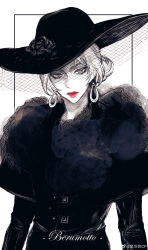 1girl belt black_dress black_hat character_name chinese_commentary closed_mouth coat dress earrings flower fur_trim haoriday hat hat_flower highres hoop_earrings jewelry lipstick looking_at_viewer makeup meitantei_conan monochrome red_lips rose short_hair solo spot_color upper_body vermouth_(meitantei_conan) watermark weibo_watermark white_background