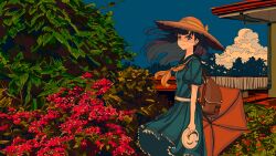 1girl absurdres aqua_dress aqua_eyes arm_at_side artdroiiid_ii black_hair black_sailor_collar blue_sky blunt_ends bow bright_pupils brown_bag building bush choppy_bangs closed_mouth cloud commentary cowboy_shot dress english_commentary floating_clothes floating_hair flower from_side hat hat_bow hat_ribbon highres holding holding_unworn_clothes holding_unworn_hat industrial_pipe long_hair looking_at_viewer neckerchief original outdoors red_flower red_umbrella ribbon sailor_collar scenery school_uniform shadow short_sleeves sky smile solo standing sun_hat tree umbrella unworn_hat unworn_headwear white_pupils wind yellow_neckerchief