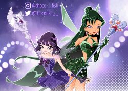 2girls adapted_costume bad_id bad_twitter_id bishoujo_senshi_sailor_moon black_arm_warmers black_bow black_bowtie black_pantyhose blunt_bangs blunt_ends bob_cut bow bowtie brooch cartoonized chest_jewel chocofish choker closed_mouth collarbone commentary cowboy_shot detached_sleeves earrings english_commentary eyelashes eyeshadow fairy fairy_wings gem glaive_(polearm) glitter green_choker green_hair green_leotard green_skirt green_wings hair_bun half_updo halftone halter_leotard halterneck heart heart_brooch height_difference high-waist_skirt highres holding holding_polearm holding_staff holding_weapon instagram_username jewelry leotard light_particles lipstick long_hair magical_girl makeup meiou_setsuna miniskirt multiple_girls outline pale_skin pantyhose parody pink_eyeshadow pink_lips pleated_skirt polearm purple_background purple_brooch purple_eyes purple_hair purple_leotard purple_skirt purple_sleeves purple_wings red_gemstone red_lips sailor_pluto sailor_saturn see-through_clothes see-through_sleeves short_hair short_sleeves silence_glaive single_hair_bun skirt smile sparkle staff straight_hair style_parody tan thighs tomoe_hotaru toon_(style) transparent_wings twitter_username very_long_hair weapon white_outline wings winx_club