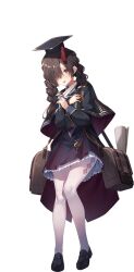 Rule 34 | 1girl, artist request, bad source, black shoes, book, braid, breasts, capelet, colette (sennen sensou aigis), dress, full body, game cg, hat, hat tassel, holding, holding book, mortarboard, official art, open mouth, orange eyes, rolled up paper, sennen sensou aigis, shoes, solo, third-party source, transparent background, twin braids