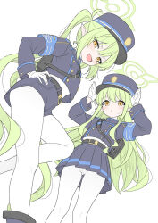 2girls black_hat black_jacket blue_archive commentary english_commentary green_eyes green_halo halo hat highres hikari_(blue_archive) jacket looking_at_viewer multiple_girls nozomi_(blue_archive) pantyhose pointy_ears siblings sidelocks simple_background sisters smile standing t1kosewad twins twintails white_background white_pantyhose yellow_eyes