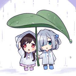 2girls asaka_kaori blue_eyes brown_hair chibi chibi_only commentary_request hair_over_one_eye hood hood_up hoshikawa_shizuku kimi_to_tsuzuru_utakata long_hair multiple_girls open_mouth oversized_plant rain raincoat red_eyes short_hair white_hair white_raincoat yuama