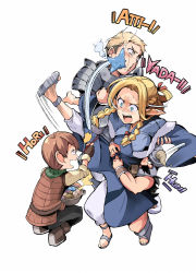 1girl 3boys armor bibi02 blonde_hair blush braid chilchuck_tims dungeon_meshi elf laios_touden long_hair marcille_donato marushiru multiple_boys pointy_ears senshi_(dungeon_meshi) tirchac_(dungeon_meshi) twin_braids