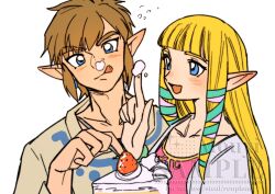 1boy 1girl birthday_cake blonde_hair blue_eyes blunt_bangs brown_hair brown_shirt cake cake_slice collared_dress dress earrings eyelashes food food_on_face fork fruit highres holding holding_fork jewelry link long_sleeves mouyi nintendo open_mouth pink_dress pointy_ears princess_zelda shirt sidelocks simple_background smile strawberry the_legend_of_zelda the_legend_of_zelda:_skyward_sword tongue tongue_out upper_body whipped_cream white_background