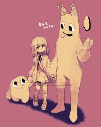 1girl artist_self-insert bag banban_(garten_of_banban) bandaged_ankle brown_theme captain_fiddles cardigan collared_shirt garten_of_banban hand_up hat holding_hands kiman long_sleeves medium_hair monochrome neck_ribbon original party_hat pink_background ribbon runaway_girl_(kiman) shirt simple_background single_sock skirt socks speech_bubble tongue tongue_out